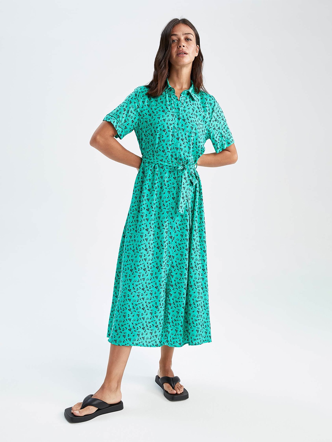 

DeFacto Floral Print Shirt Midi Dress, Green