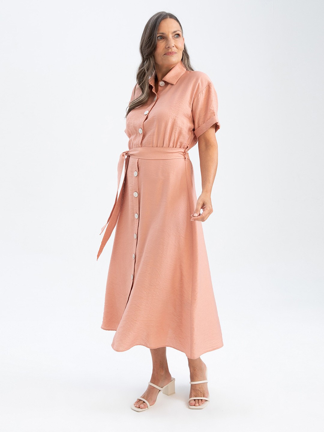 

DeFacto Shirt Maxi Dress With Belt, Peach
