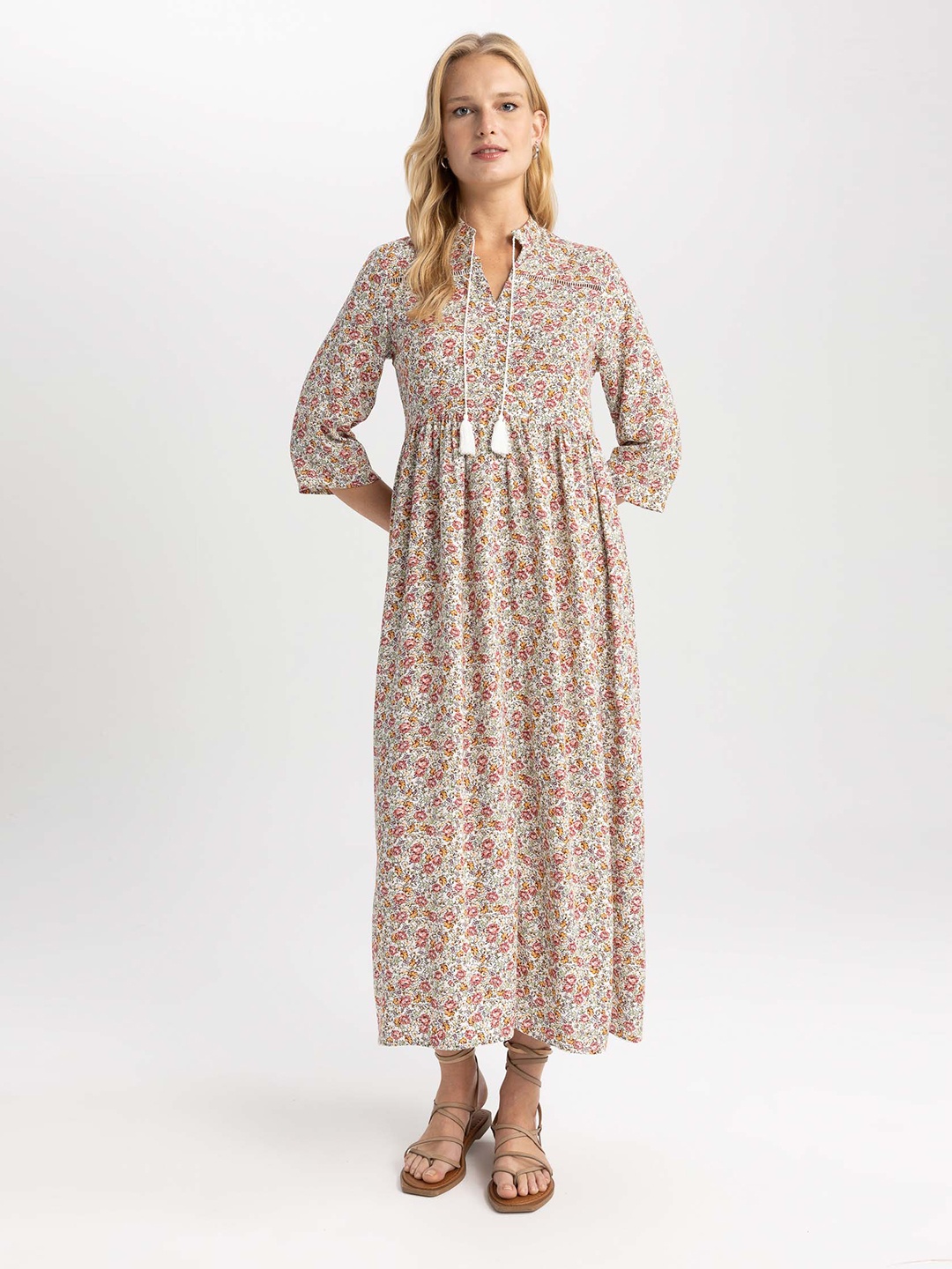

DeFacto Floral Print A-Line Midi Dress, Beige