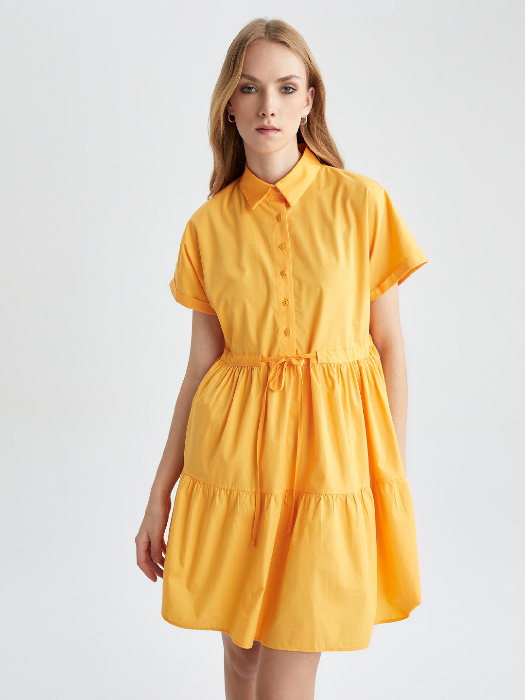 

DeFacto Shirt Collar Tie-Up Tiered Fit & Flare Mini Dress, Orange
