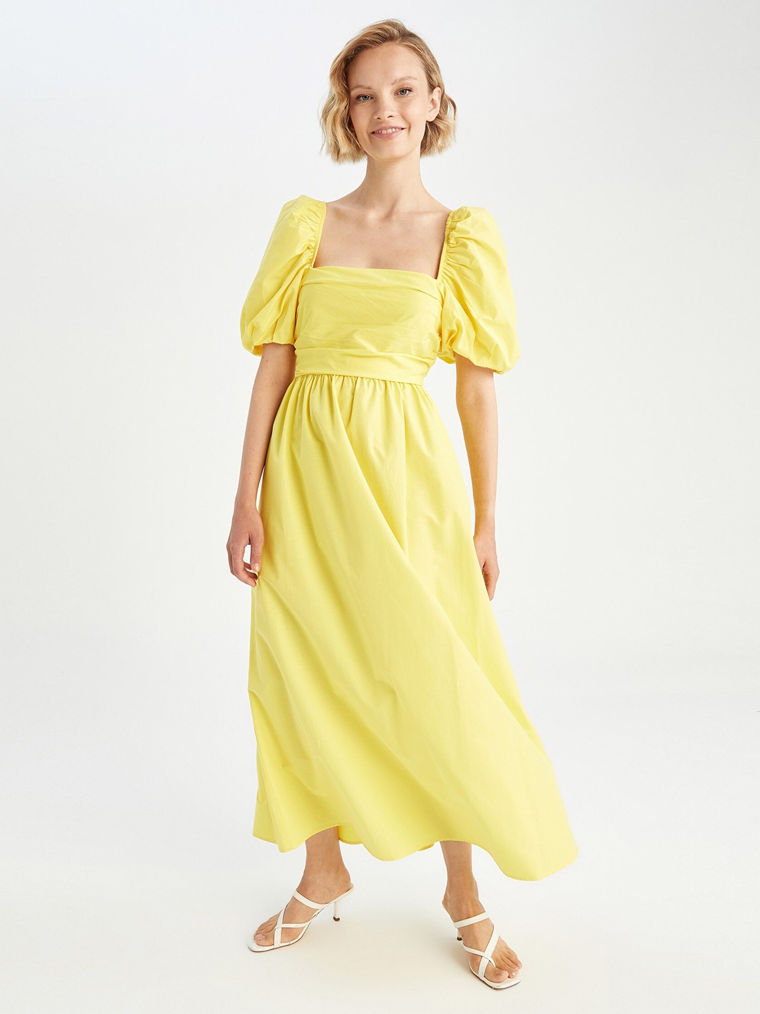 

DeFacto Puff Sleeves Fit & Flare Maxi Dress, Yellow