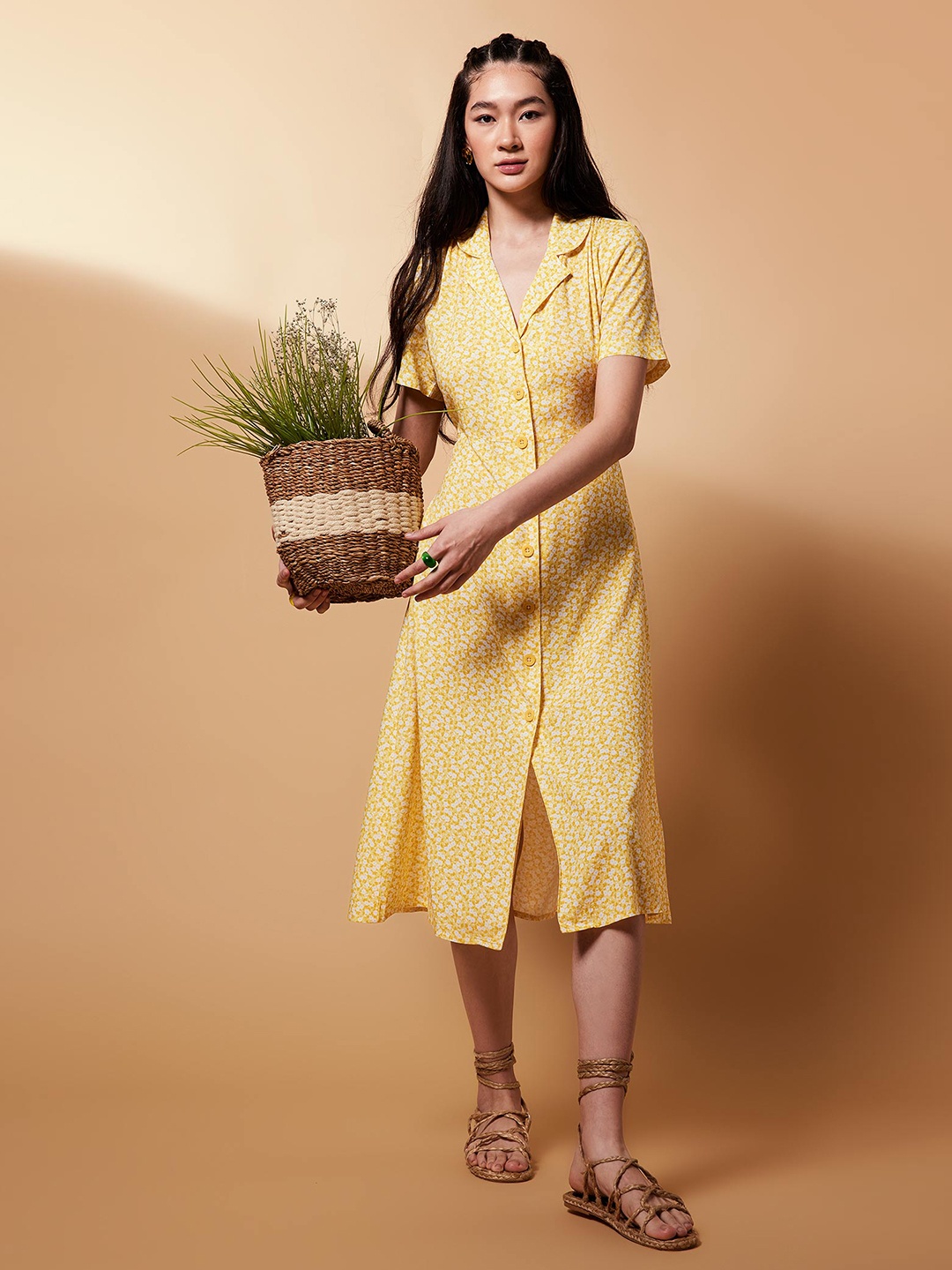 

DeFacto Floral Printed Shirt Midi Dress, Yellow