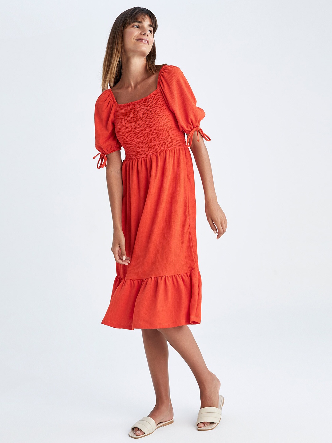 

DeFacto Square Neck Smocked A-Line Dress, Red