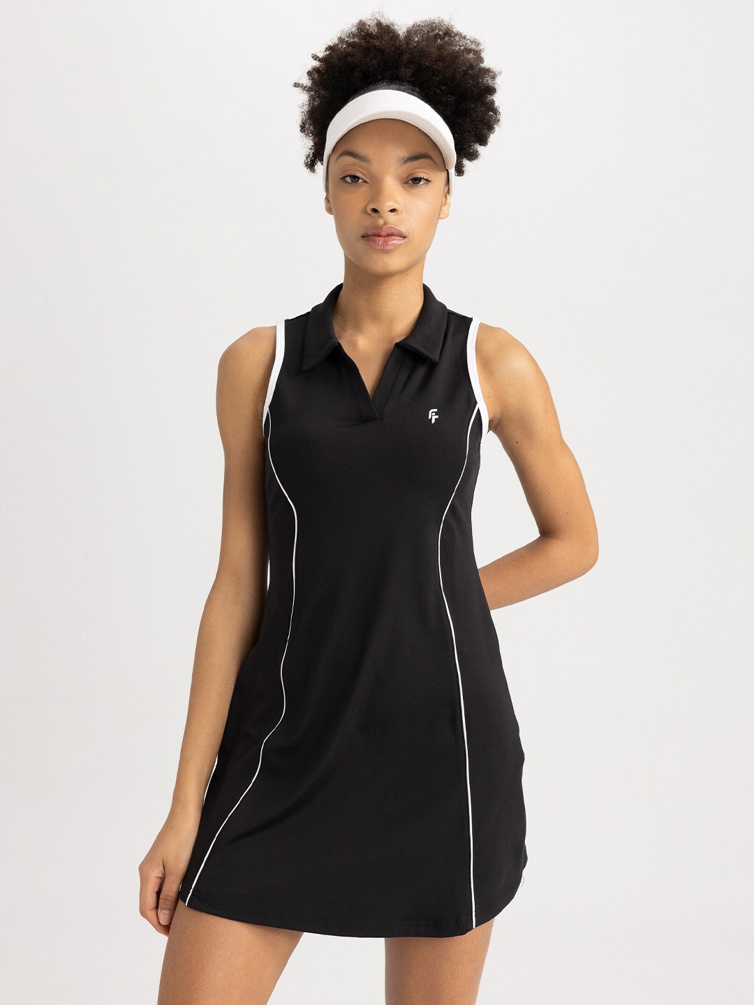 

DeFacto Shirt Collar Striped T-Shirt Mini Dress, Black