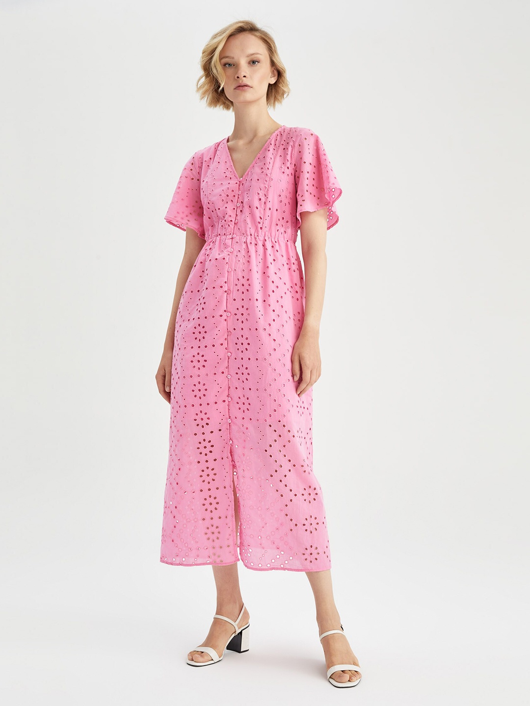 

DeFacto Self Design Flutter Sleeves Schiffli A-Line Midi Dress, Pink