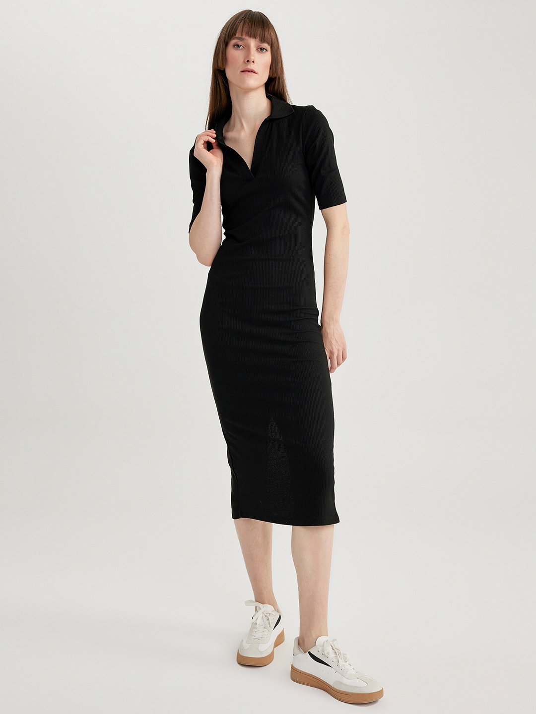 

DeFacto Shirt Collar Bodycon Midi Dress, Black