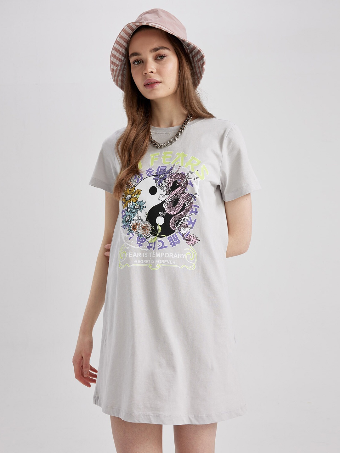 

DeFacto Graphic Printed Pure Cotton T-Shirt Mini Dress, Grey