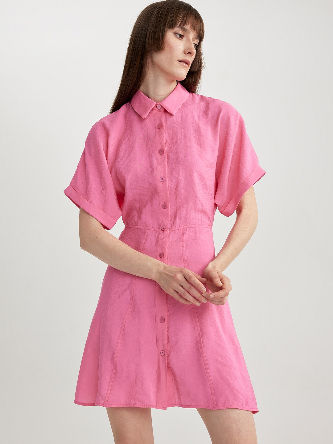 

DeFacto Shirt Collar Modal Mini Shirt Dress, Pink