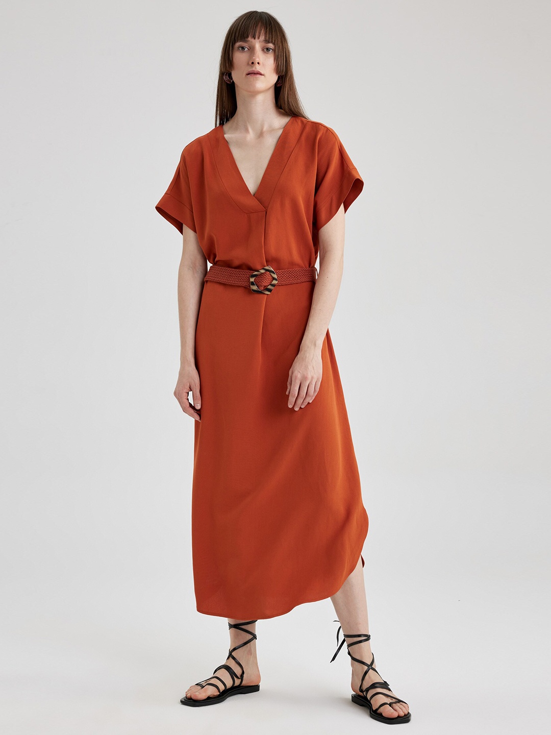 

DeFacto V-Neck Extended Sleeves Midi Dress, Brown
