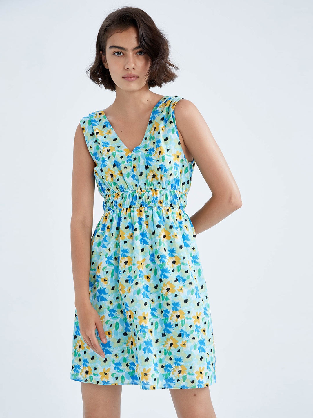 

DeFacto Floral Printed Pure Cotton Fit & Flare Mini Dress, Blue