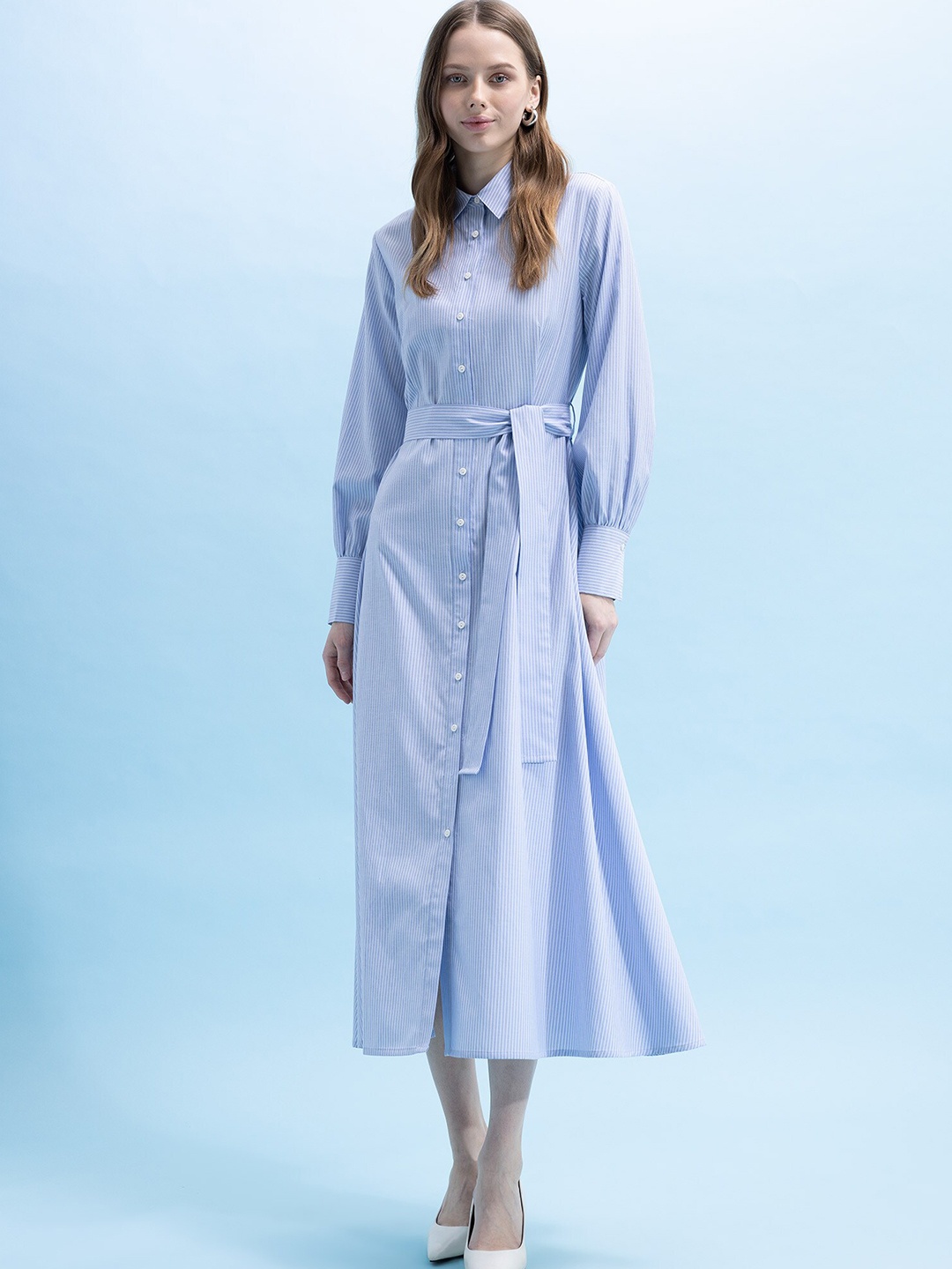 

DeFacto Cuffed Sleeves Striped Shirt Midi Dress With Belt, Blue
