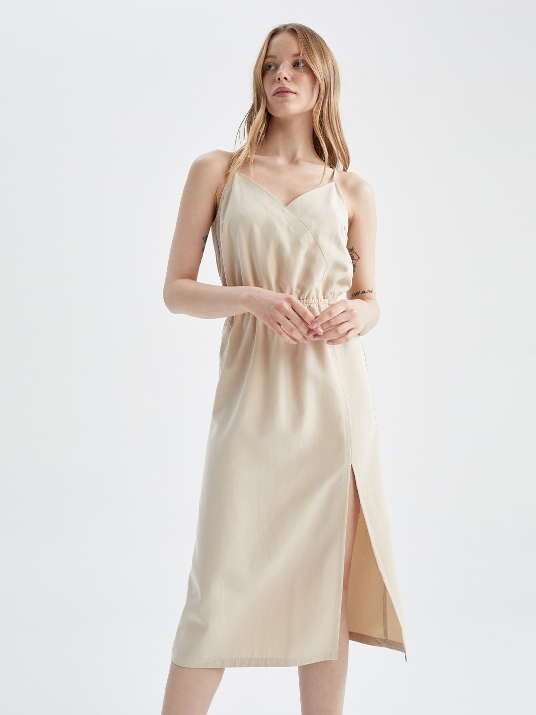 

DeFacto Shoulder Strap A-Line Midi Dress, Beige