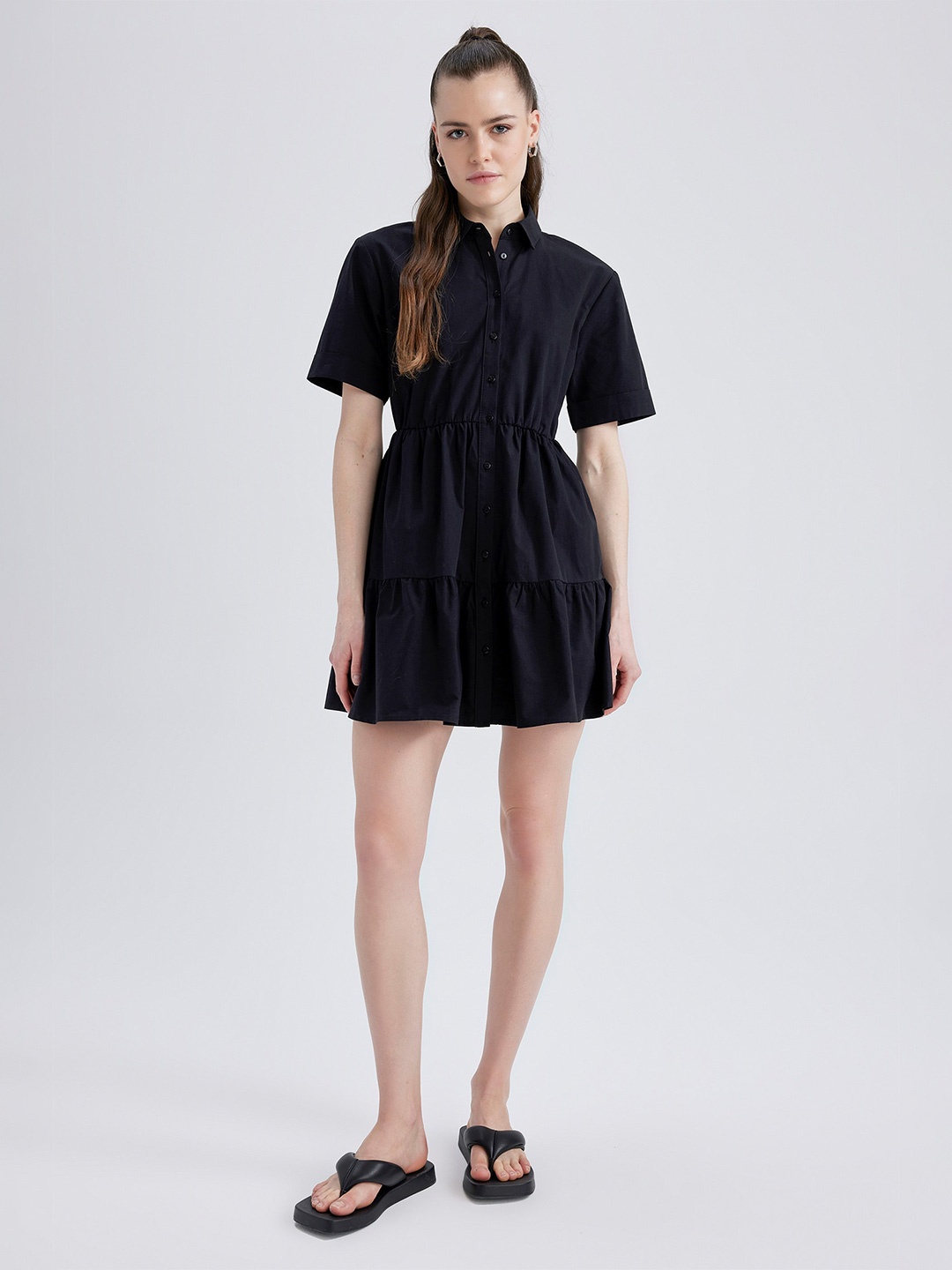 

DeFacto Shirt Collar Fit and Flare Mini Dress, Black