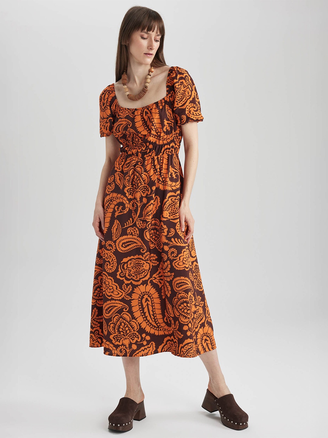 

DeFacto Ethnic Motifs Printed Puff Sleeves Fit & Flare Midi Dress, Orange