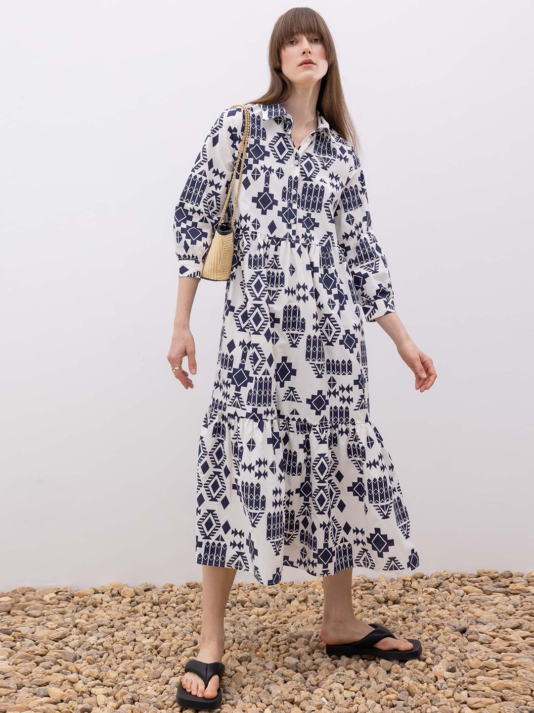 

DeFacto Geometric Printed Cotton A-Line Midi Dress, White