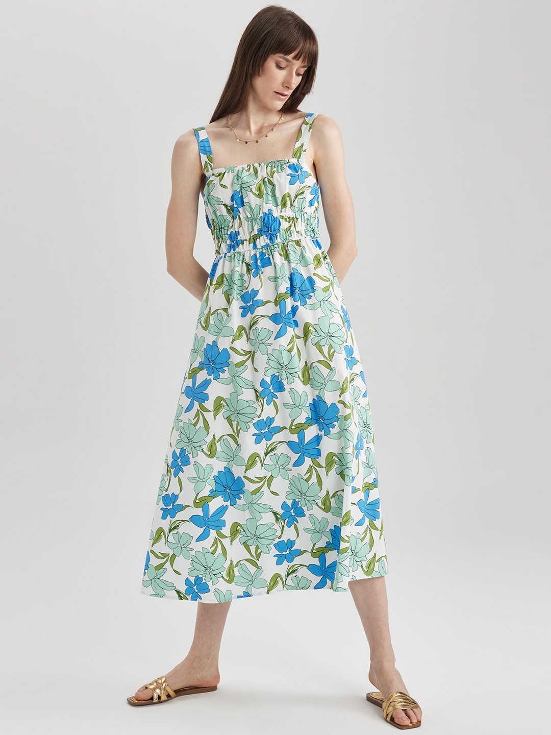 

DeFacto Floral Print Fit & Flare Midi Dress, White