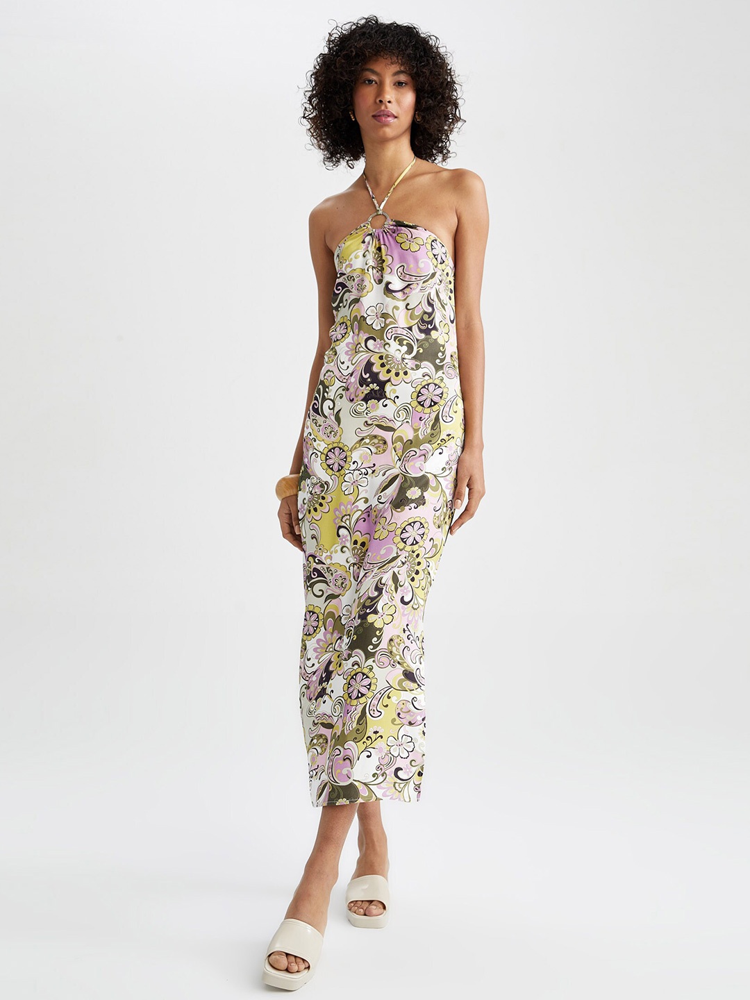 

DeFacto Floral Printed Shoulder Strap A-Line Midi Dress, White