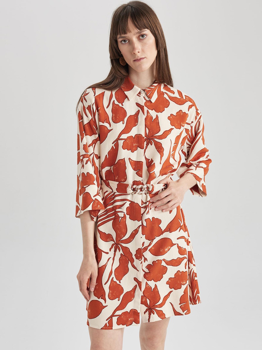 

DeFacto Floral Print Shirt Dress, Brown