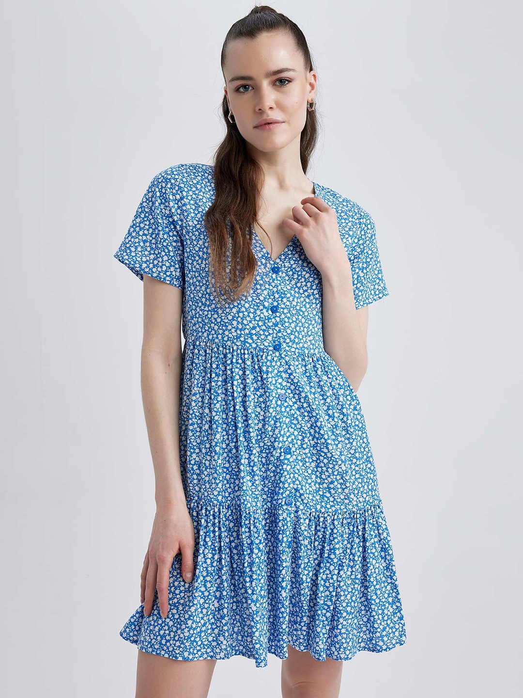 

DeFacto Floral Printed Fit & Flare Dress, Blue