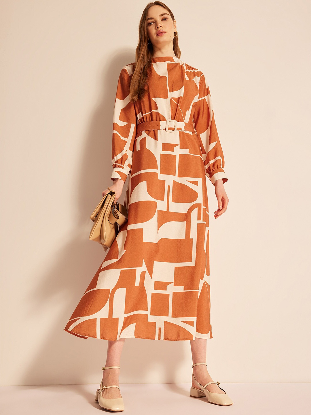 

DeFacto Geometric Print A-Line Midi Dress, Orange