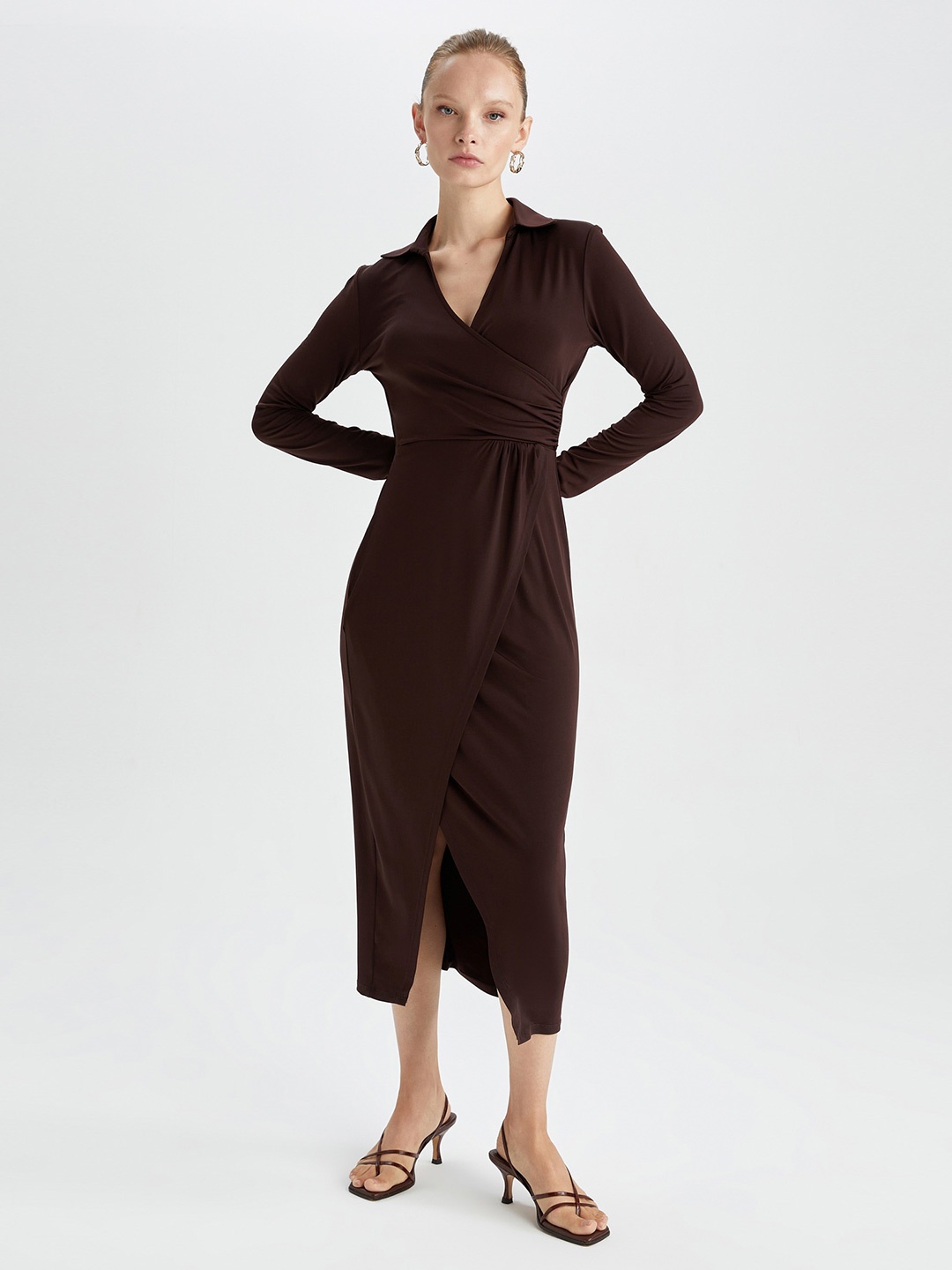 

DeFacto Shirt Collar Sheath Midi Dress, Brown