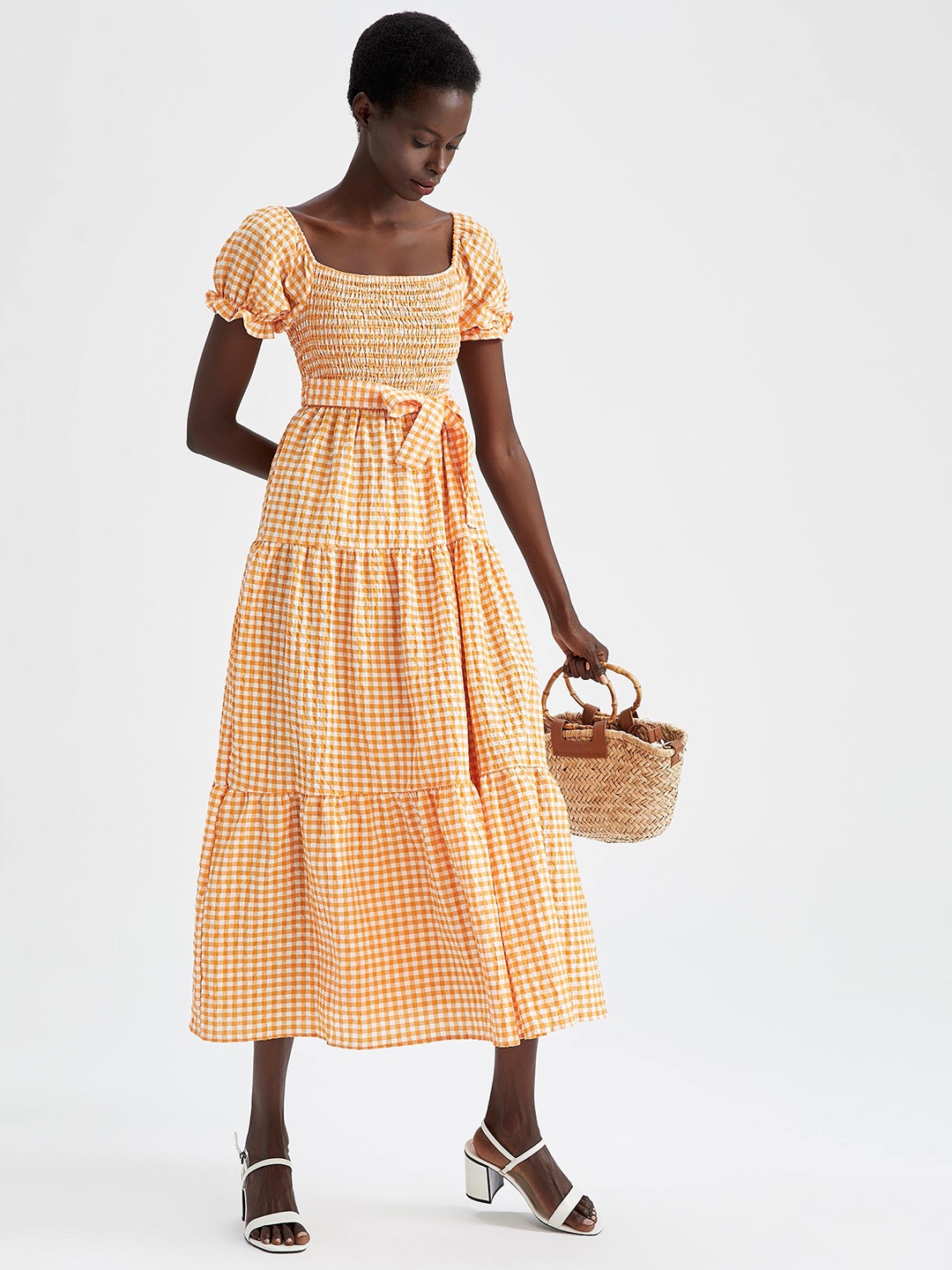 

DeFacto Checked Smocked Fit & Flare Midi Dress With Belt, Orange