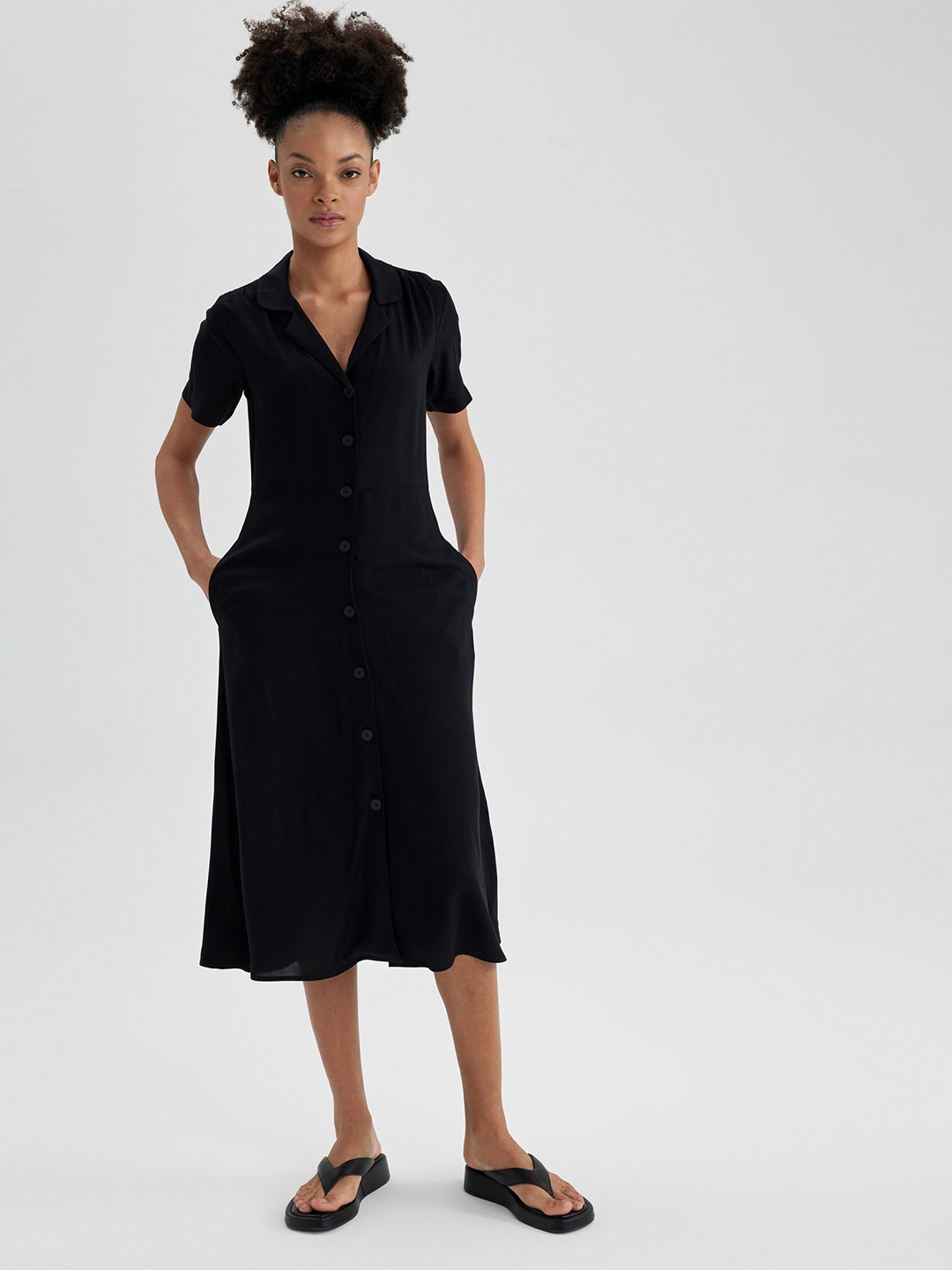 

DeFacto Shirt Collar A-Line Dress, Black