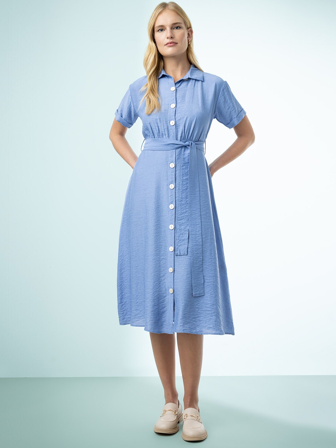

DeFacto Shirt Midi Dress With Belt, Blue