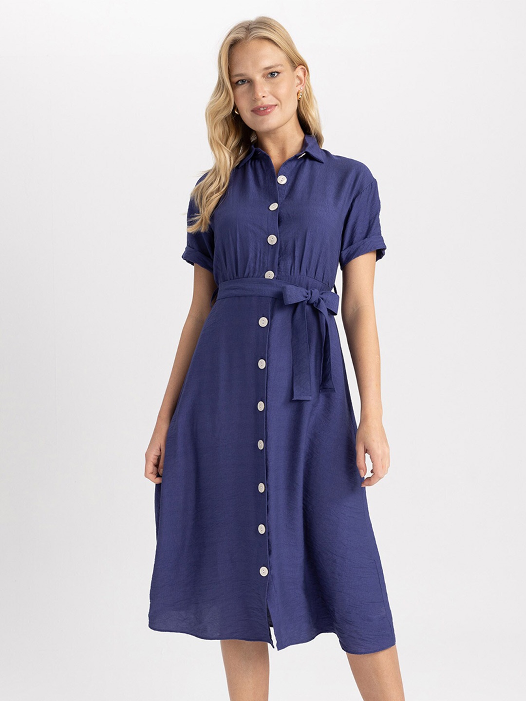 

DeFacto Shirt Collar Belted Dress, Navy blue