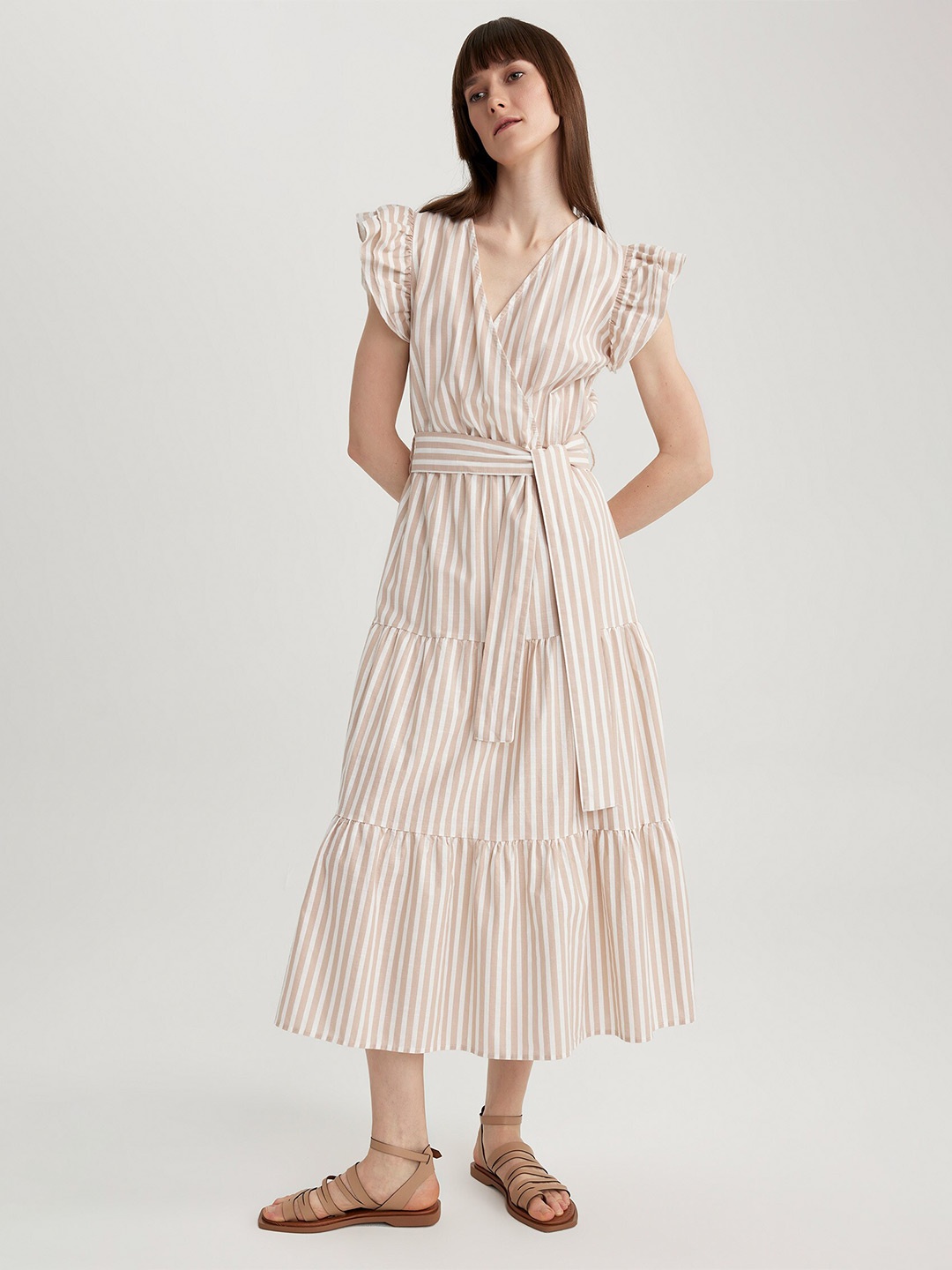 

DeFacto Striped Flutter Sleeve Pure Cotton Wrap Midi Dress With Belt, Brown