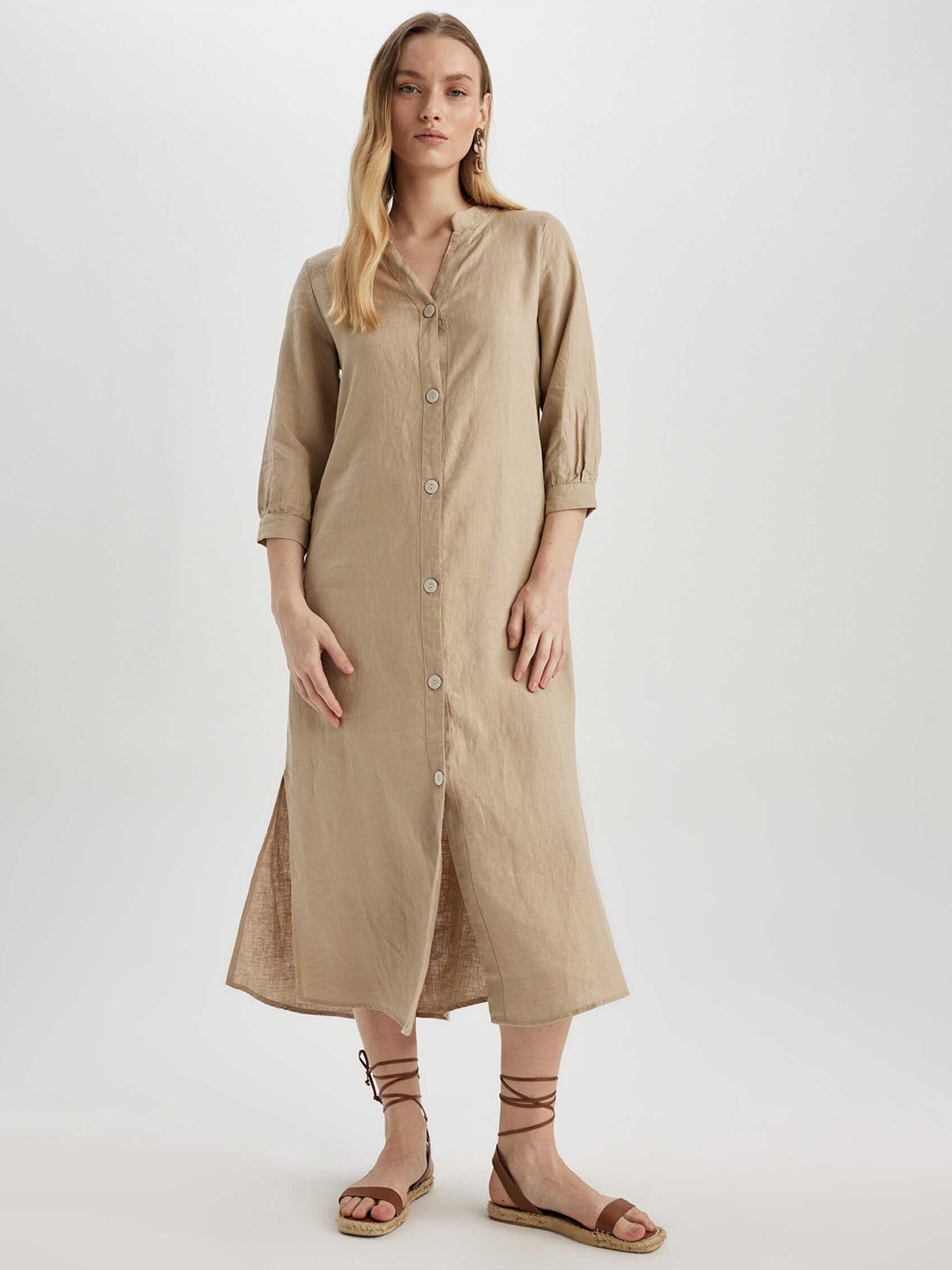 

DeFacto Mandarin Collar Linen Shirt Midi Dress, Beige