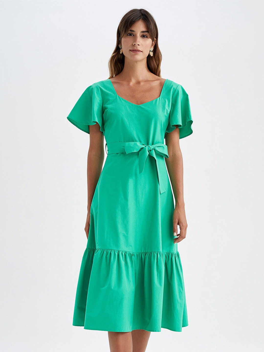 

DeFacto Flutter Sleeve Cotton A-Line Dress With Belt, Green
