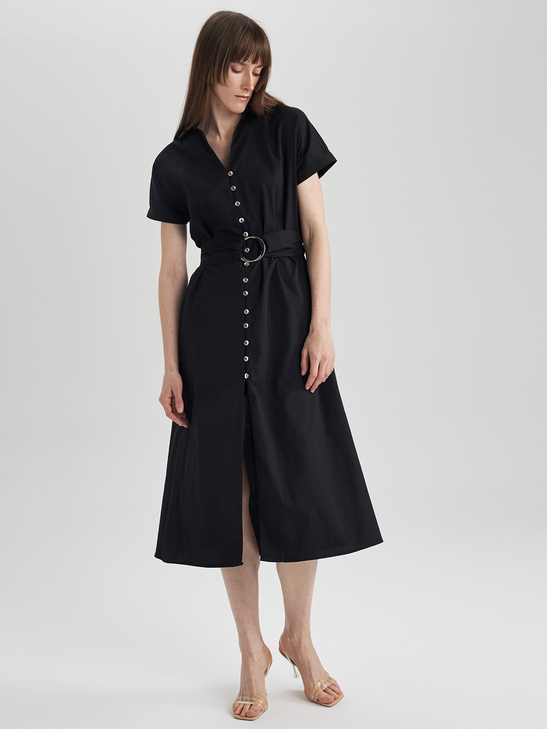 

DeFacto Shirt Collar Pure Cotton Midi Shirt Dress With Belt, Black