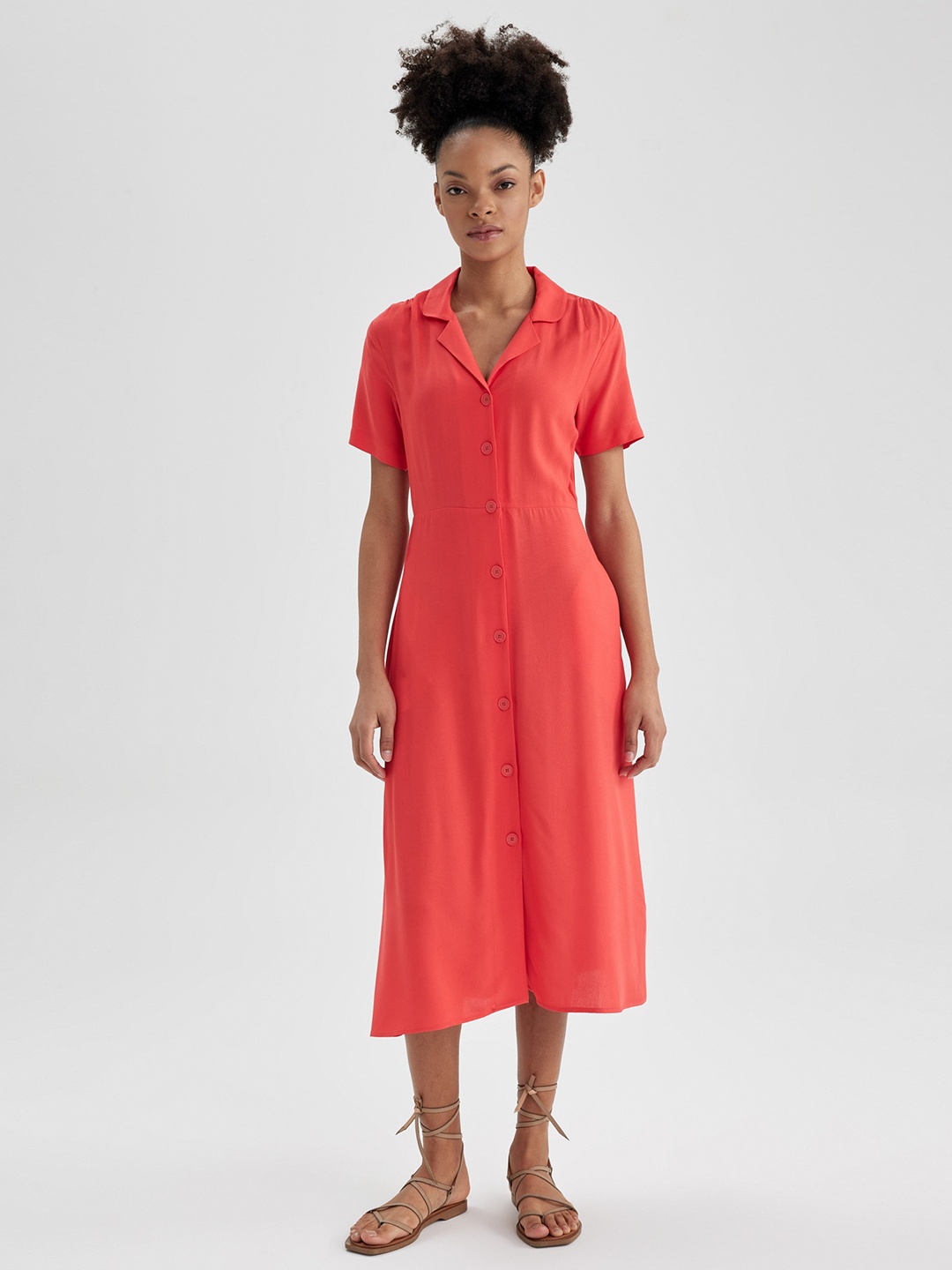 

DeFacto Shirt Collar Midi Shirt Dress, Red