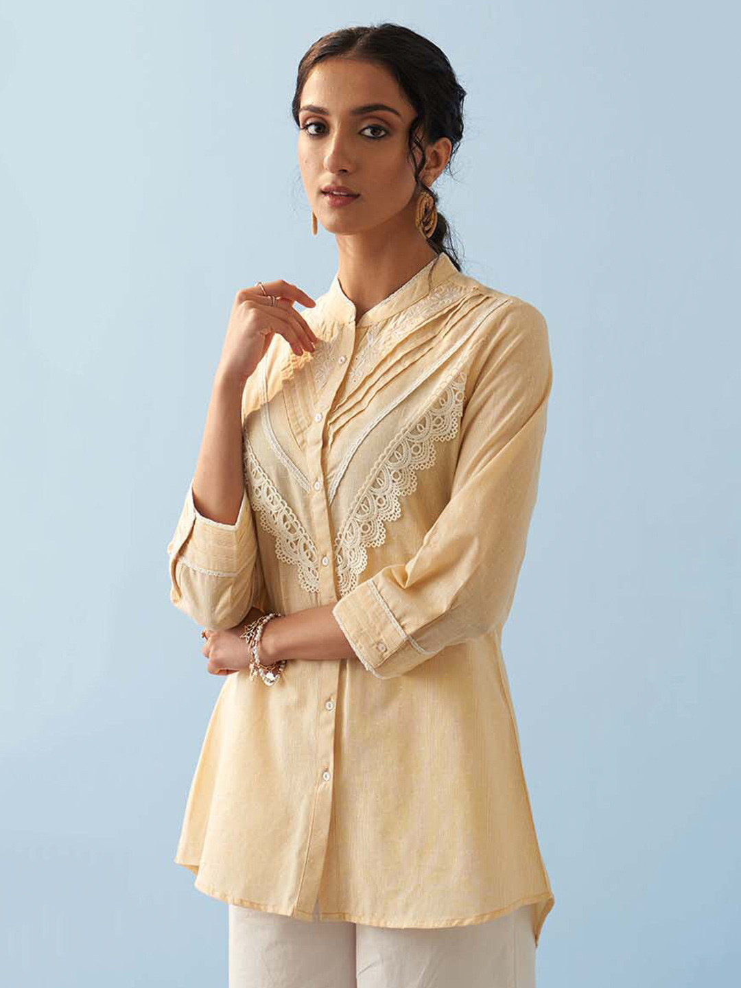 

Lakshita Embroidered Mandarin Collar Lace Insert Pure Cotton Tunic, Yellow