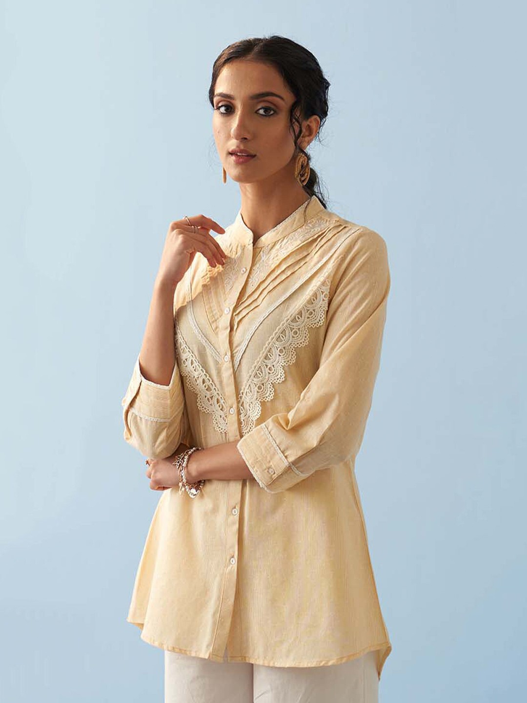

Lakshita Embroidered Mandarin Collar Lace Insert Pure Cotton Tunic, Yellow