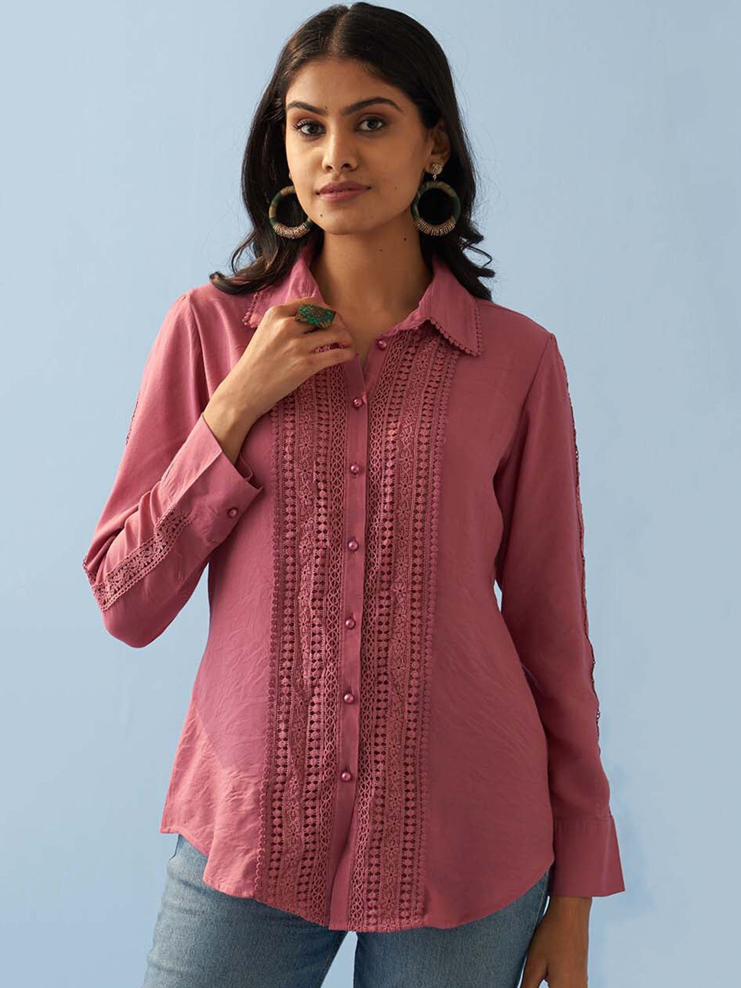 

Lakshita Self Design Floral Smart Opaque Pure Cotton Shirt, Pink