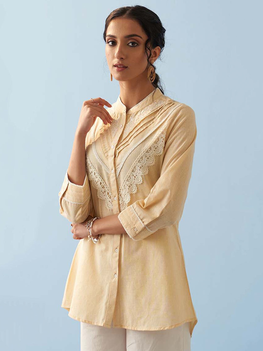 

Lakshita Embroidered Mandarin Collar Lace Insert Pure Cotton Tunic, Yellow