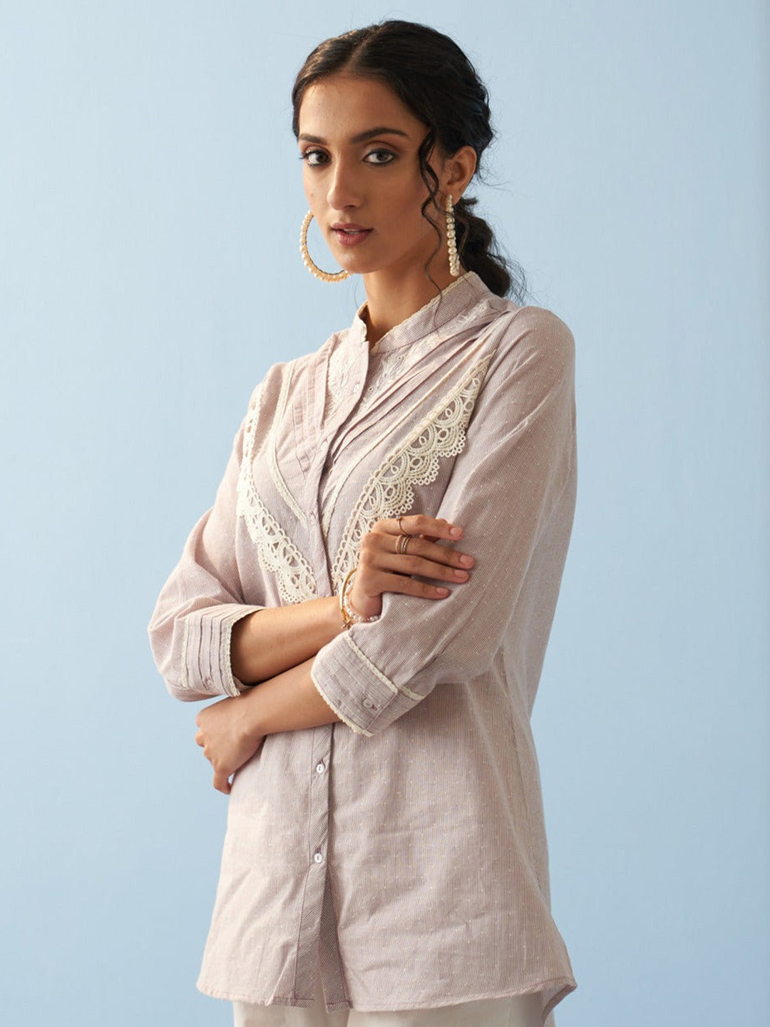 

Lakshita Embroidered Mandarin Collar Lace Insert Pure Cotton Tunic, Lavender