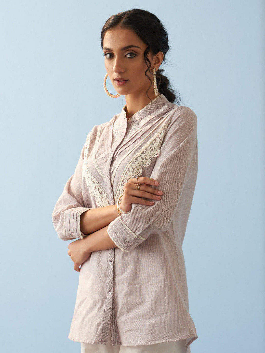

Lakshita Embroidered Mandarin Collar Lace Insert Pure Cotton Tunic, Lavender