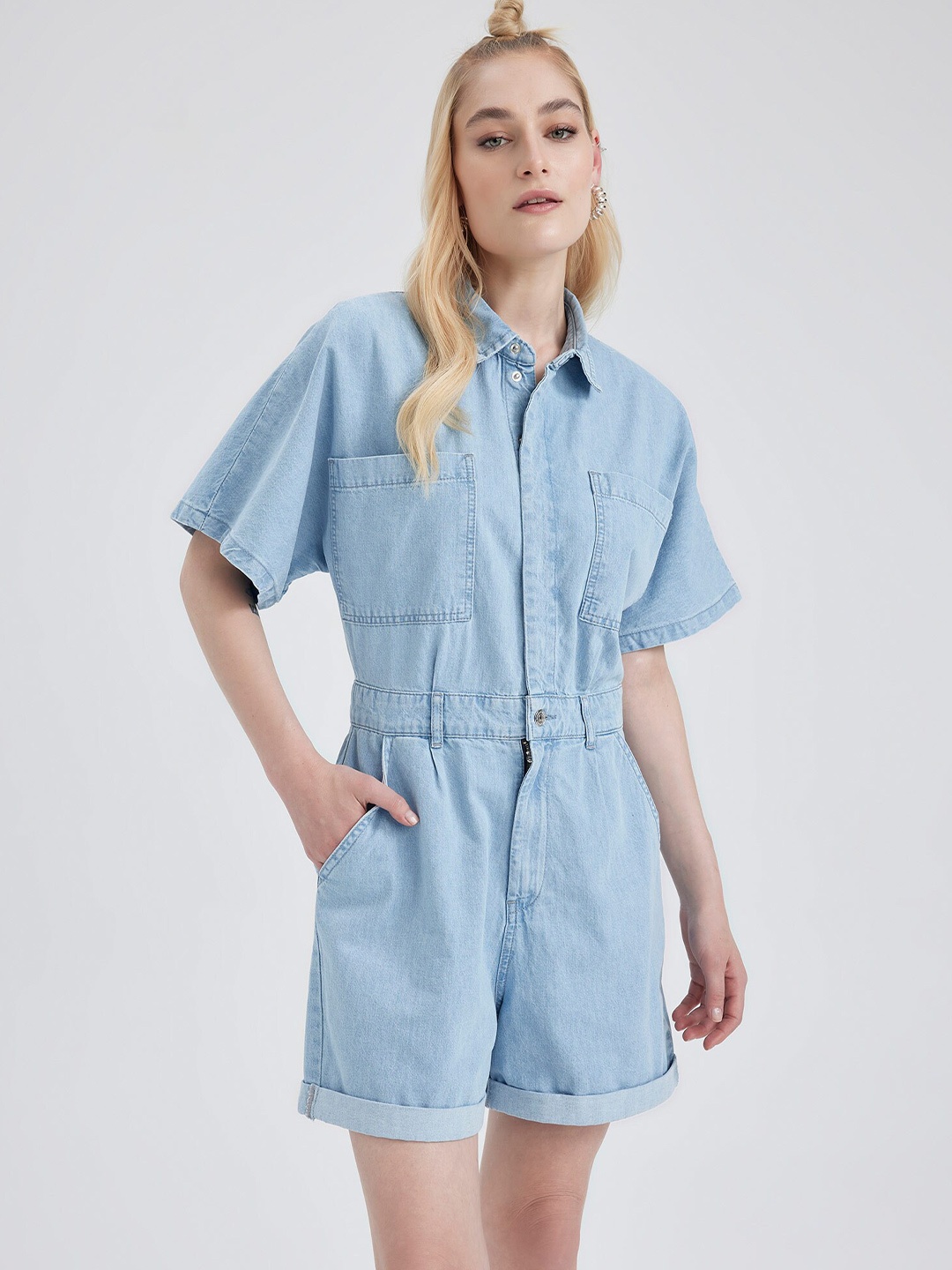 

DeFacto Extended Sleeves Shirt Collar Playsuit, Blue