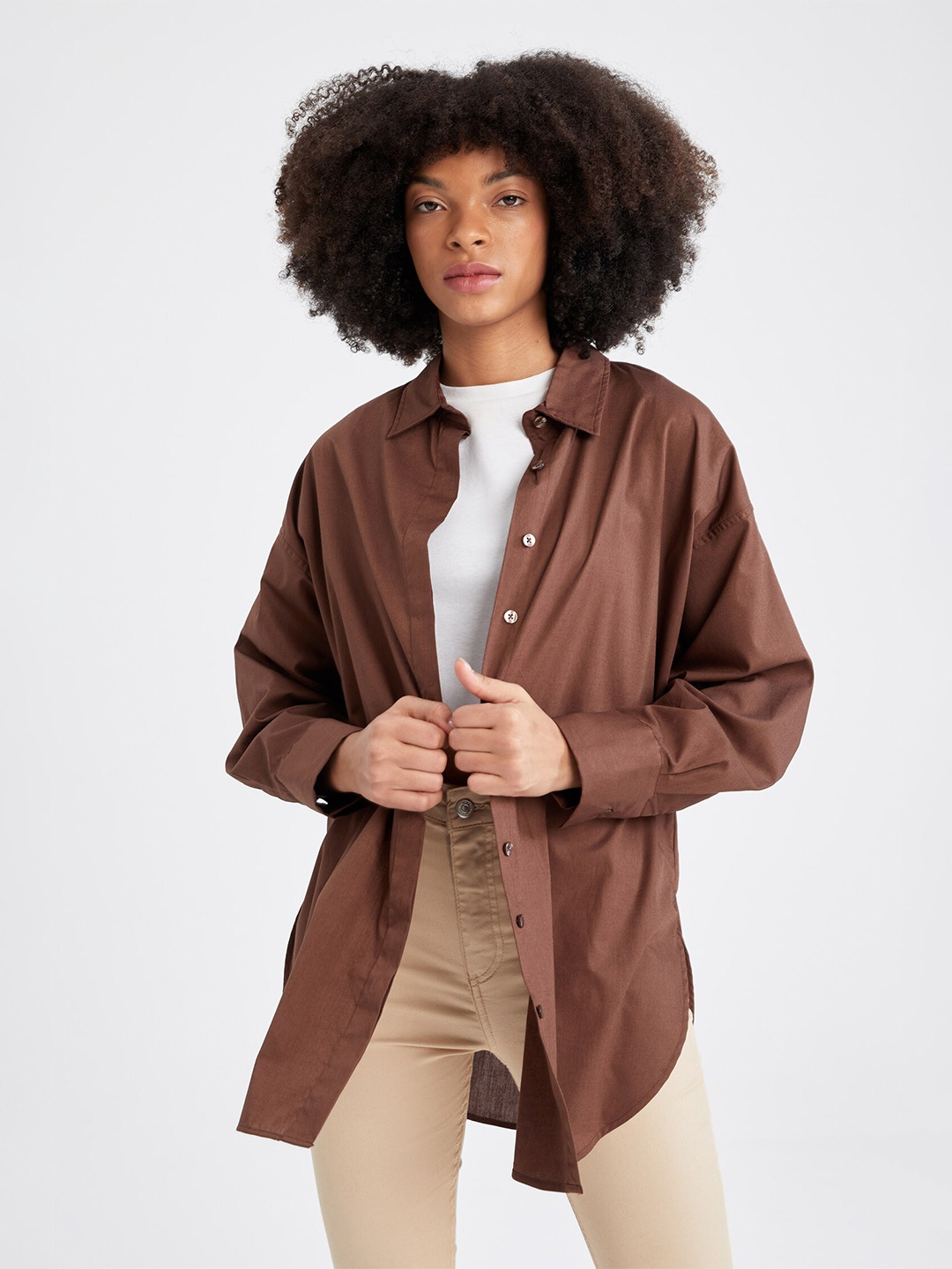 

DeFacto Spread Collar Opaque Casual Pure Cotton Longline Shirt, Brown