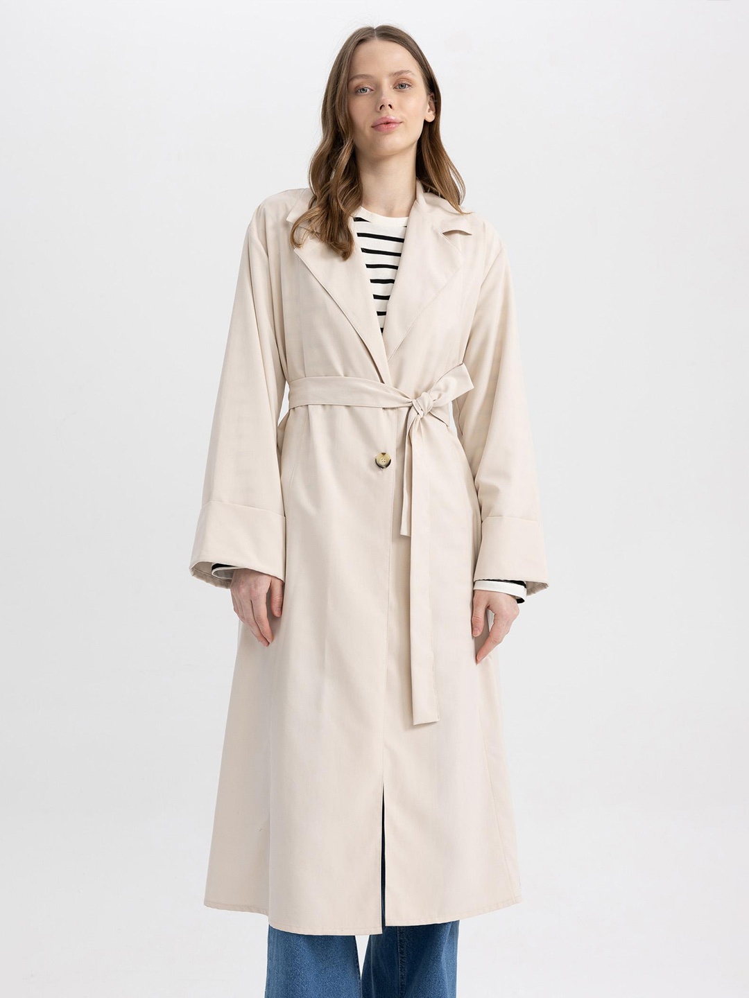 

DeFacto Long Sleeves Notched Lapel Knee Length Trench Coat, Beige