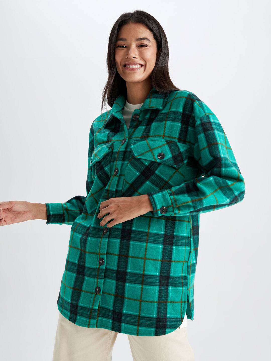 

DeFacto Tartan Checked Casual Longline Shirt, Green