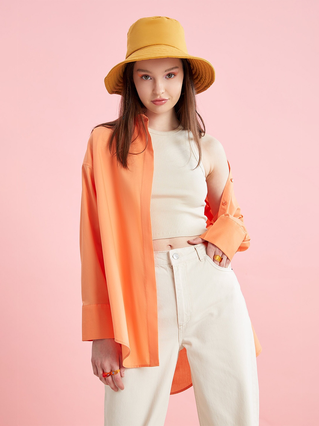 

DeFacto Spread Collar Opaque Casual Longline Pure Cotton Shirt, Orange