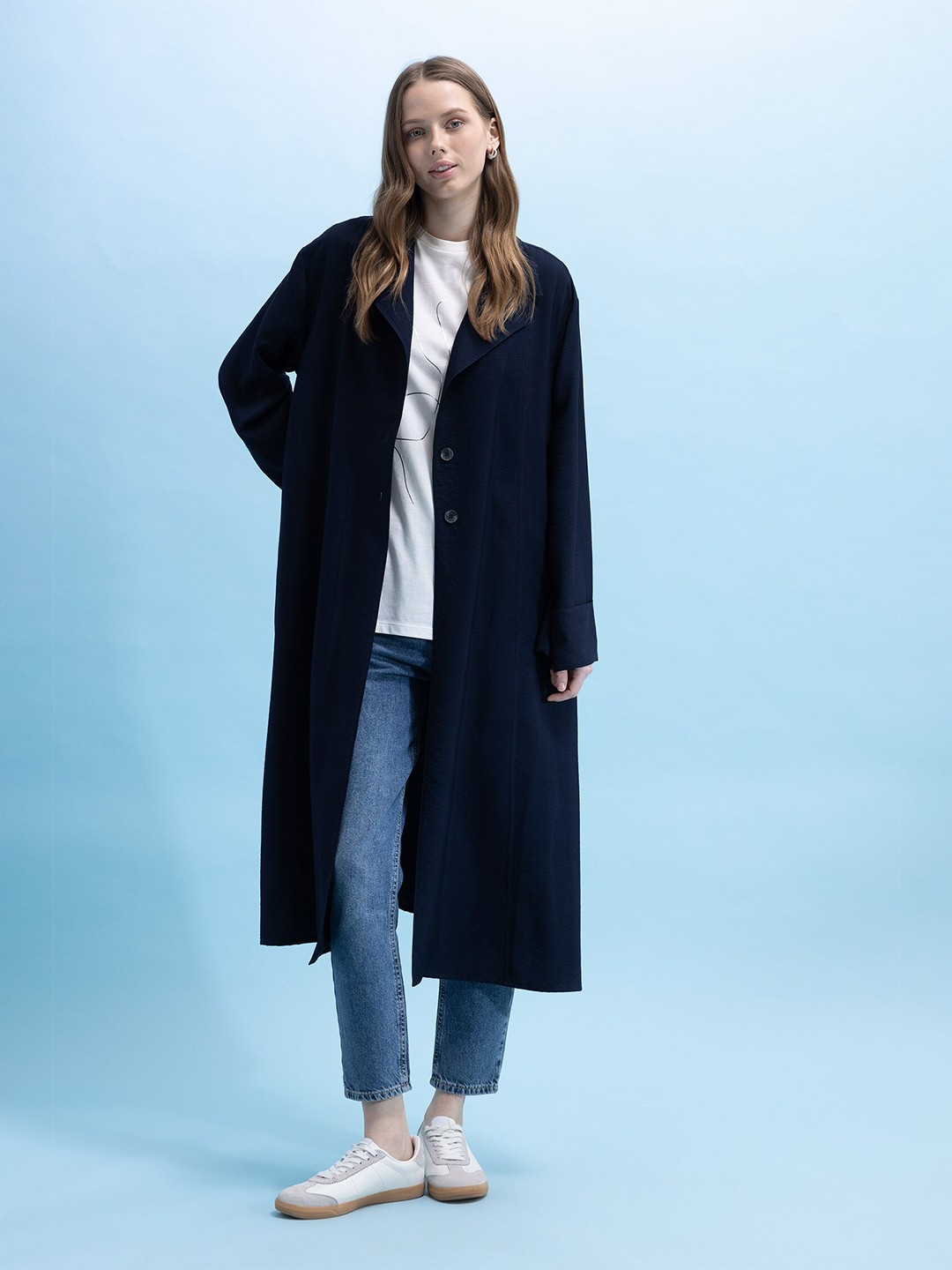 

DeFacto Spread Collar Longline Tailored Jacket, Navy blue