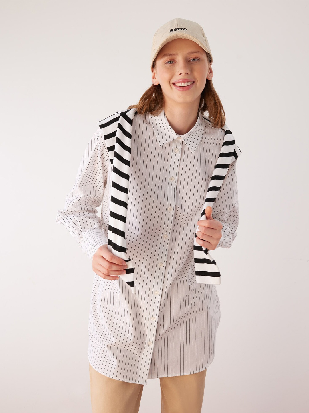 

DeFacto Spread Collar Striped Casual Longline Shirt, White