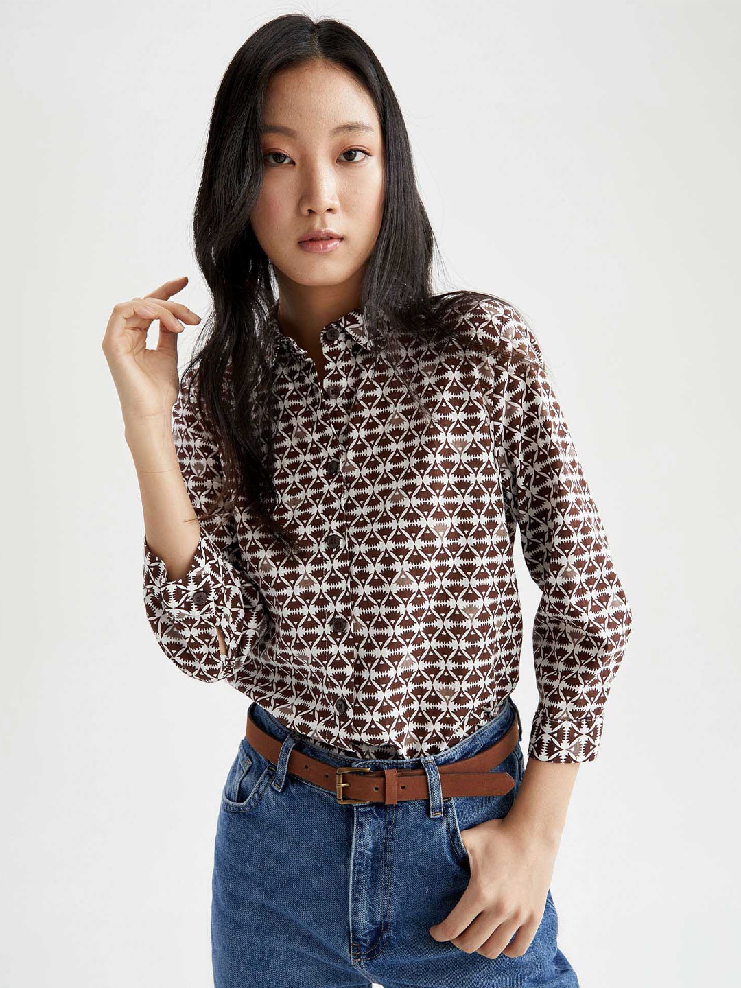 

DeFacto Geometric Printed Casual Longline Shirt, Brown