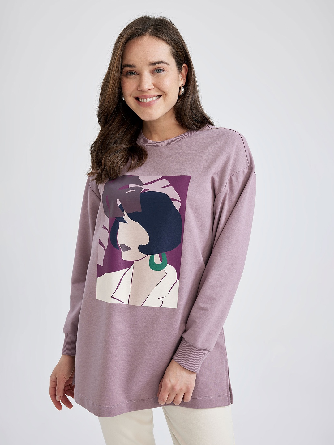 

DeFacto Conversational Printed Sweatshirt, Purple