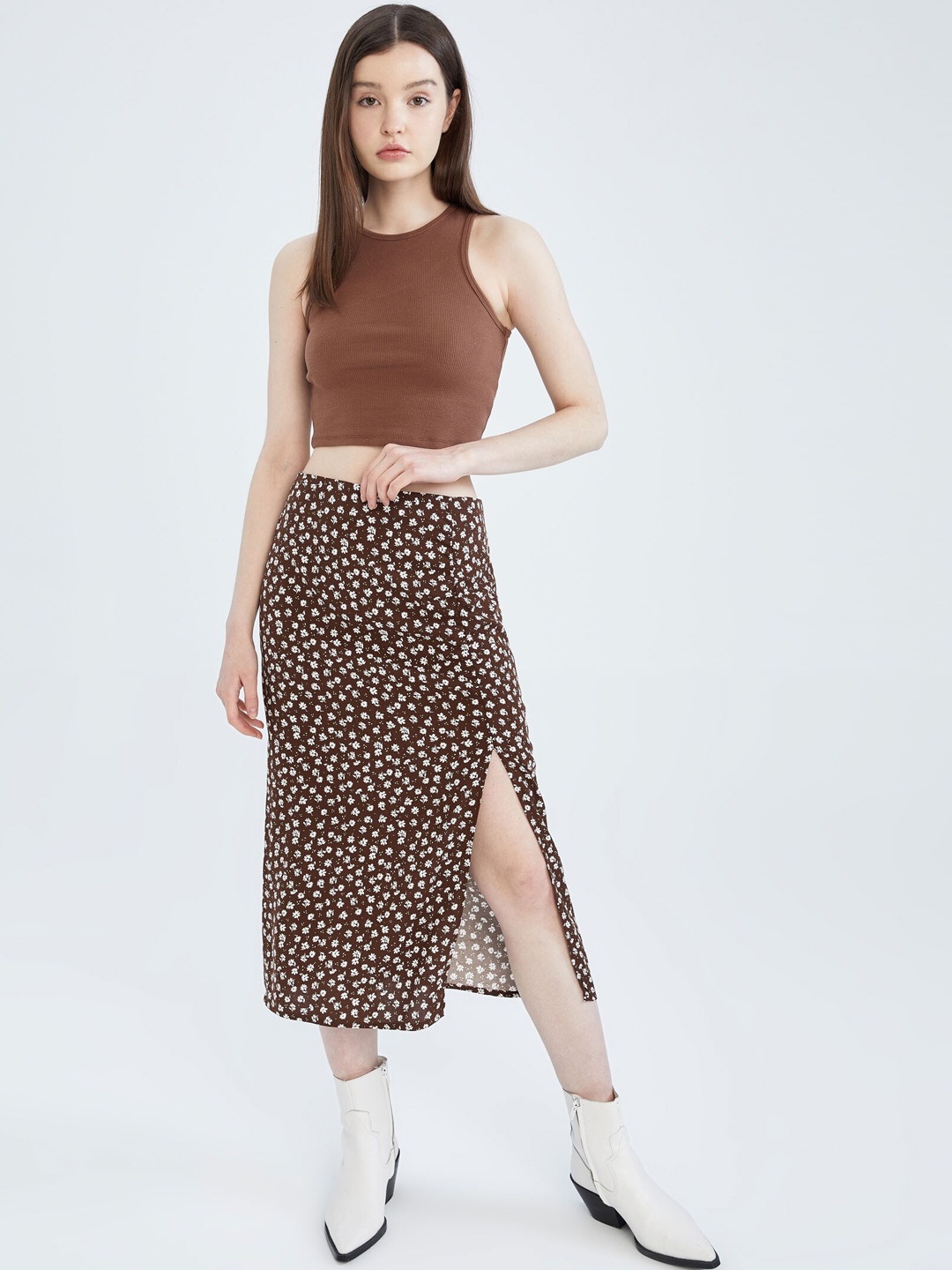 

DeFacto Floral Printed Midi-Length A-Line Skirt, Brown